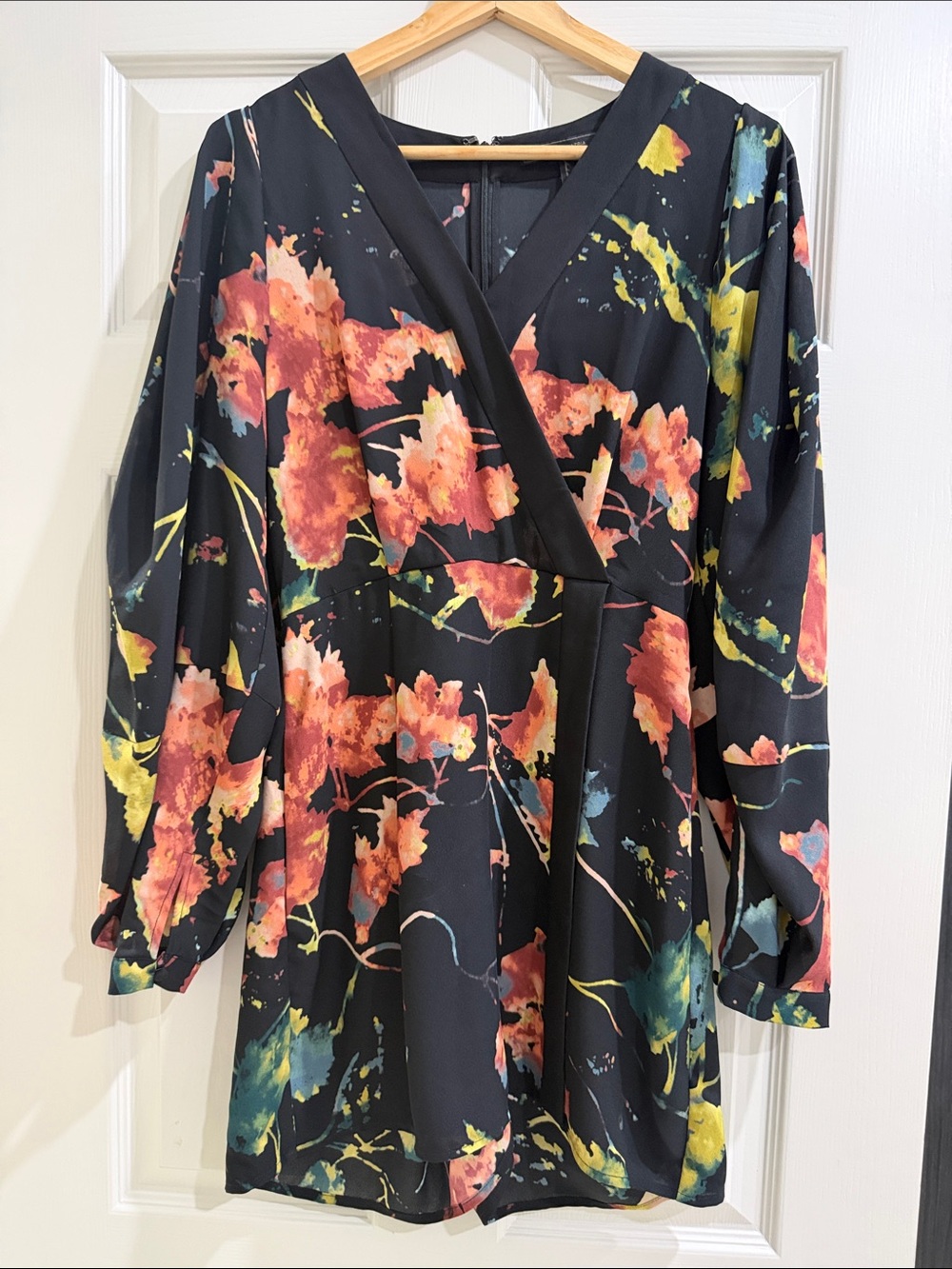 BCBGMaxAzria Black Floral Print Wrap Romper with Coral and Yellow Accents